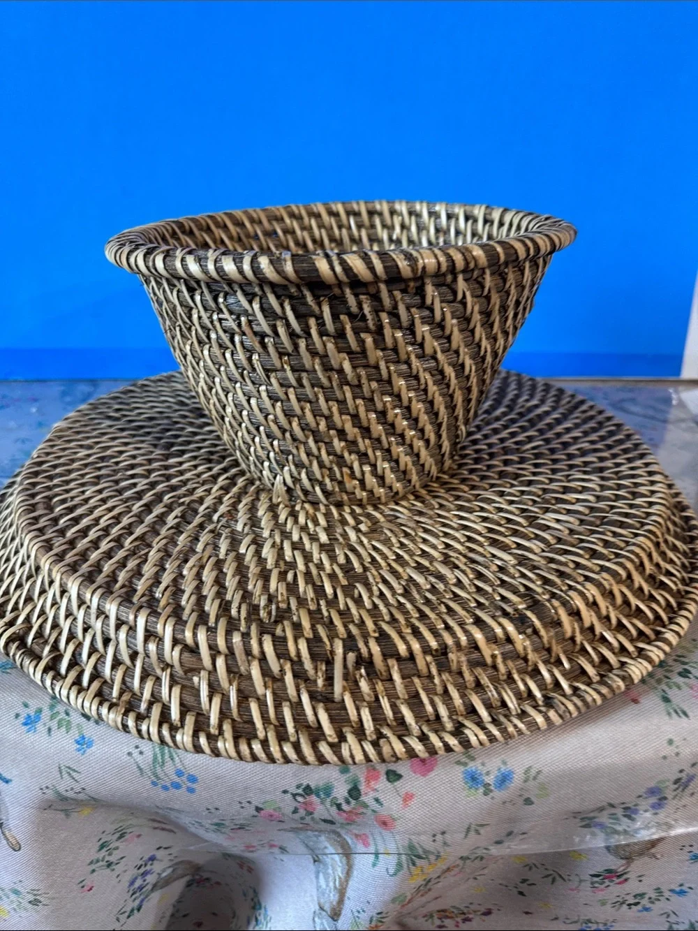 Vintage / Bohemian Collectibles.  Woven Rattan Pedestal Cake Stand